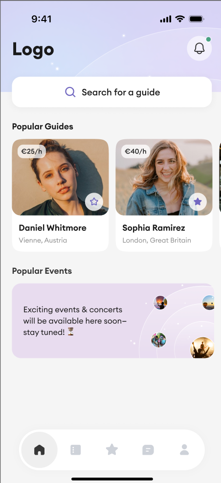 Tourist app home screen